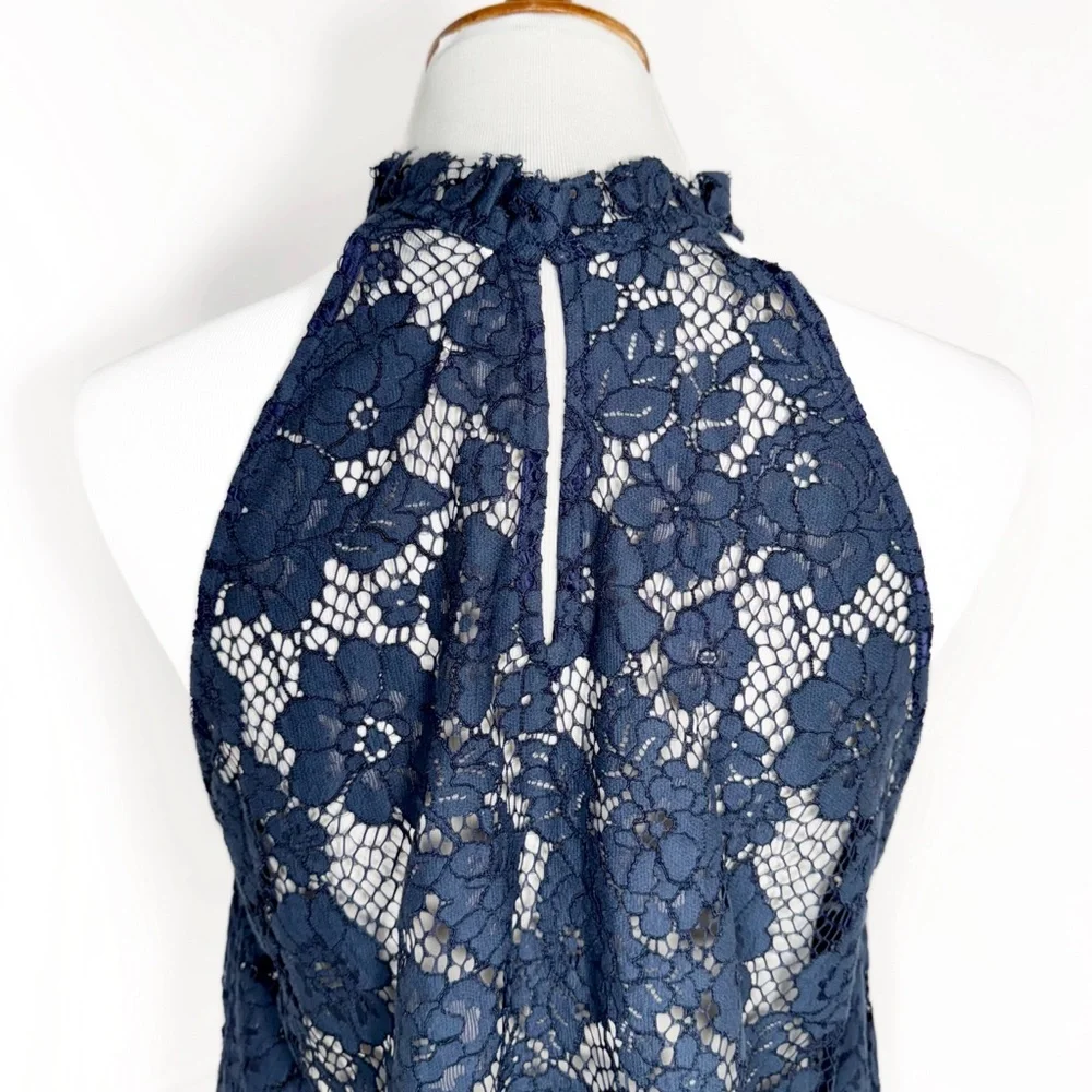 SOLD-Free People Navy Blue Halter High Neck Sleeveless Floral Mesh Crochet Lace - Picture 10 of 12